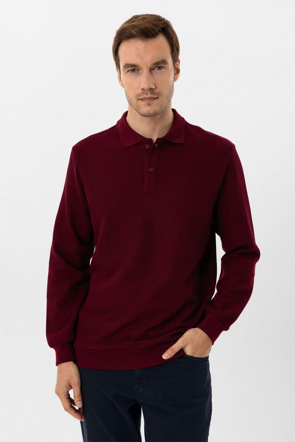 Koyu Bordo Regular Armürlü Polo Yaka Sweatshirt