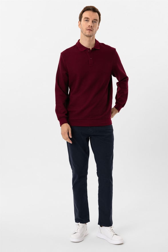Koyu Bordo Regular Armürlü Polo Yaka Sweatshirt