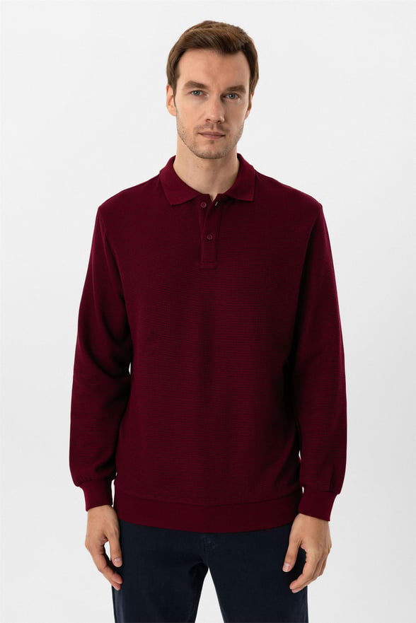 Koyu Bordo Regular Armürlü Polo Yaka Sweatshirt
