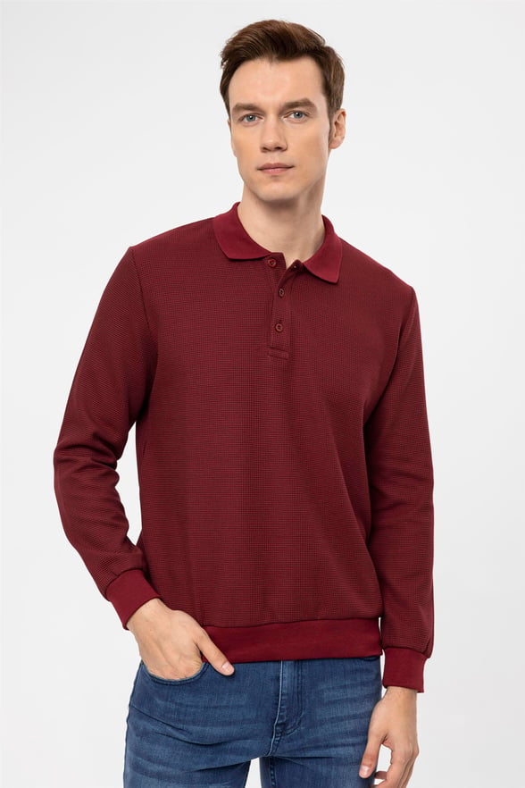 Koyu Bordo Regular Armürlü Polo Yaka  Sweatshirt