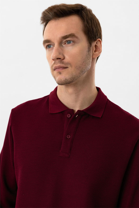 Koyu Bordo Regular Armürlü Polo Yaka Sweatshirt