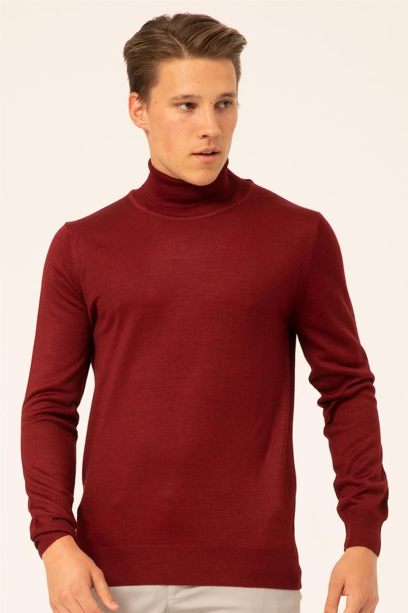 Koyu Bordo Regular Düz Balıkçı Yaka  Triko