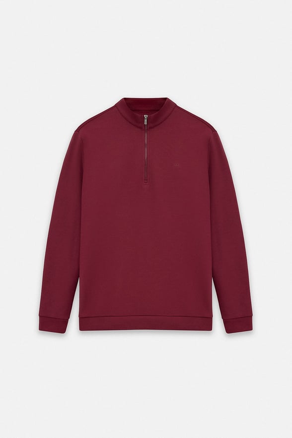Koyu Bordo Regular Düz Baskılı İnterlok Dik Yaka Cepsiz Sweatshirt