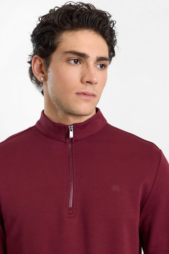 Koyu Bordo Regular Düz Baskılı İnterlok Dik Yaka Cepsiz Sweatshirt