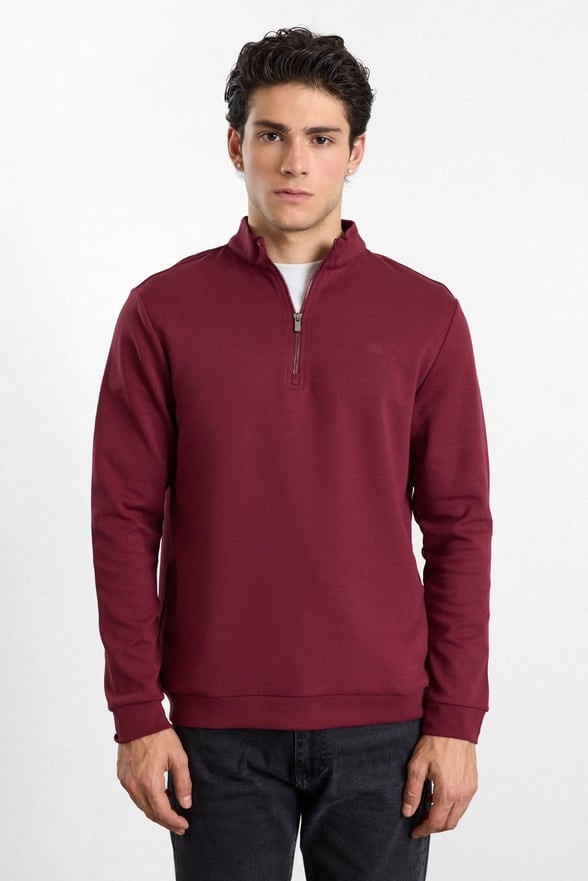 Koyu Bordo Regular Düz Baskılı İnterlok Dik Yaka Cepsiz Sweatshirt
