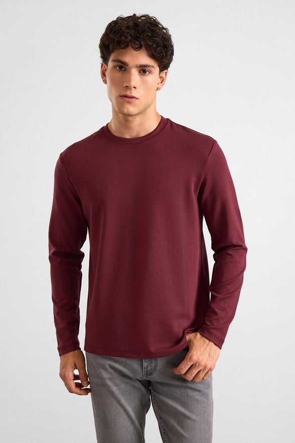 Koyu Bordo Regular Düz Baskısız İnterlok Bisiklet Yaka Cepsiz Sweatshirt