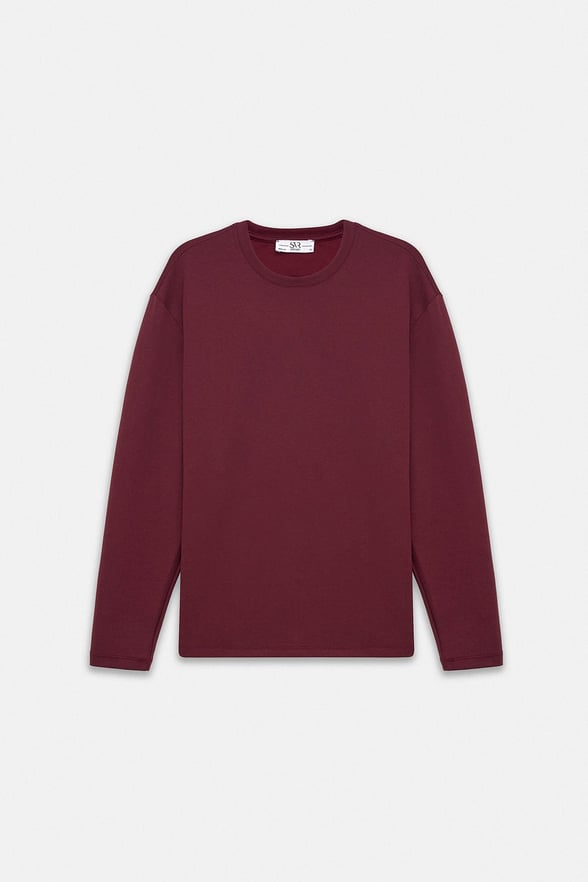 Koyu Bordo Regular Düz Baskısız İnterlok Bisiklet Yaka Cepsiz Sweatshirt
