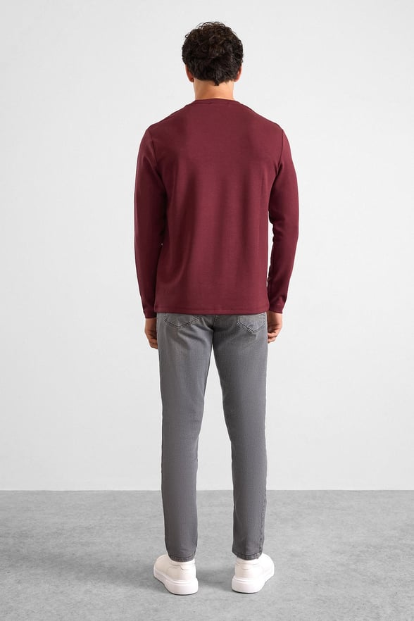 Koyu Bordo Regular Düz Baskısız İnterlok Bisiklet Yaka Cepsiz Sweatshirt