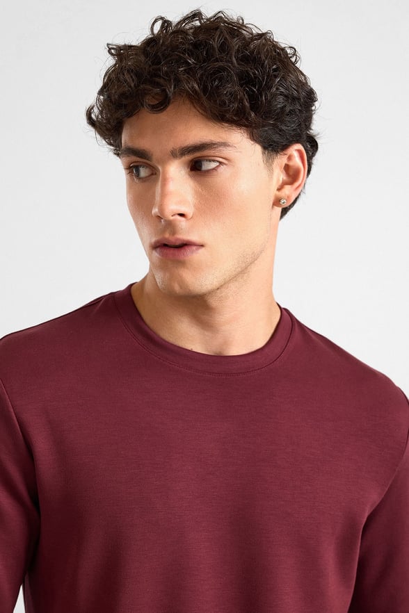 Koyu Bordo Regular Düz Baskısız İnterlok Bisiklet Yaka Cepsiz Sweatshirt