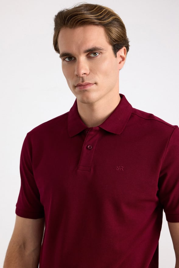 Koyu Bordo Regular Düz Baskısız Pike Düğmeli Polo Yaka Standart Tişört