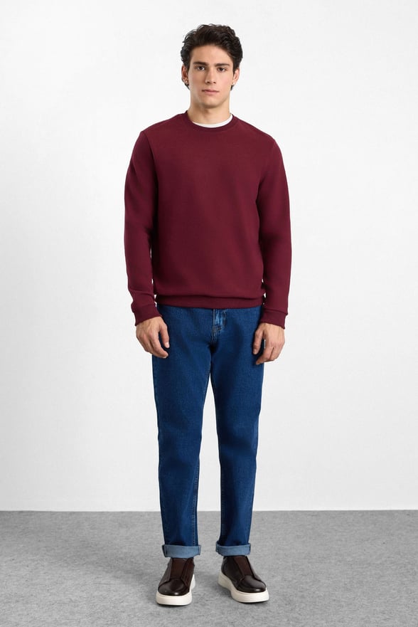 Koyu Bordo Regular Düz Baskısız Selanik Bisiklet Yaka Cepsiz Sweatshirt