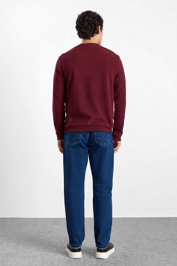 Koyu Bordo Regular Düz Baskısız Selanik Bisiklet Yaka Cepsiz Sweatshirt
