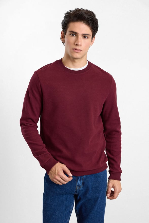 Koyu Bordo Regular Düz Baskısız Selanik Bisiklet Yaka Cepsiz Sweatshirt