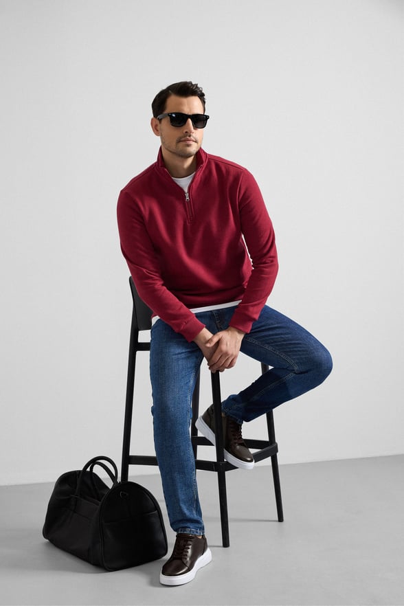 Koyu Bordo Regular Düz Yarım Balıkçı Yaka Sweatshirt
