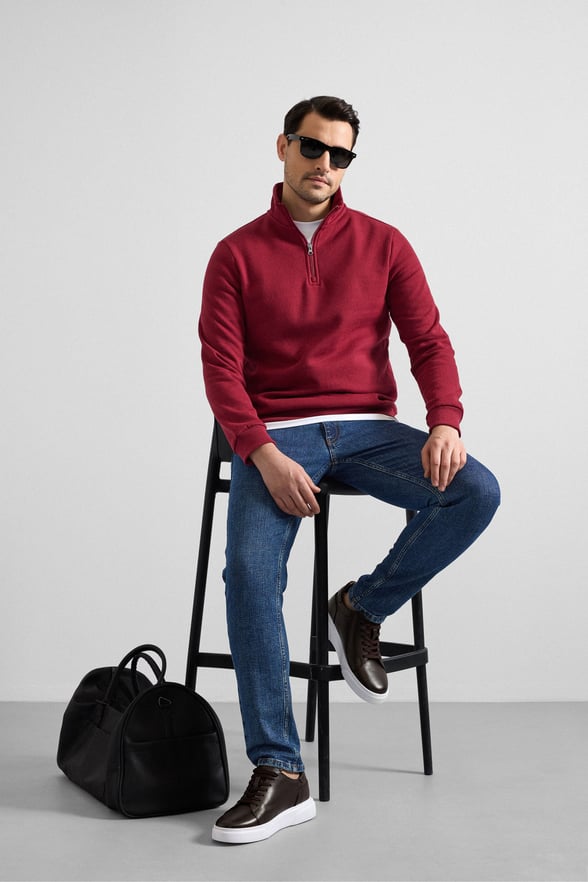 Koyu Bordo Regular Düz Yarım Balıkçı Yaka Sweatshirt