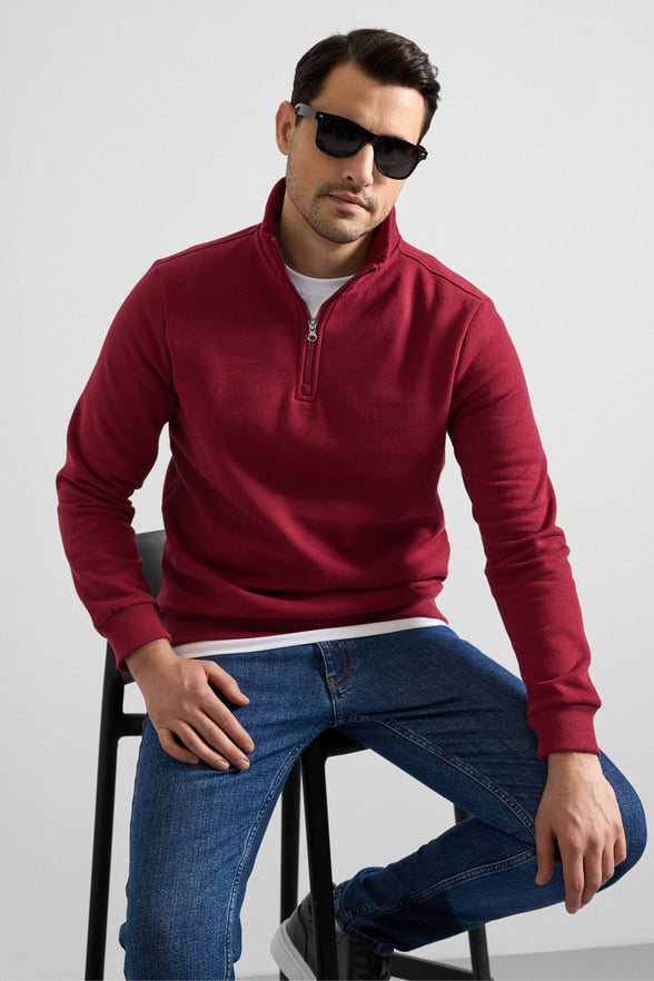 Koyu Bordo Regular Düz Yarım Balıkçı Yaka Sweatshirt