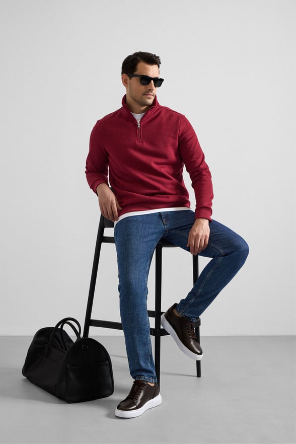 Koyu Bordo Regular Düz Yarım Balıkçı Yaka Sweatshirt