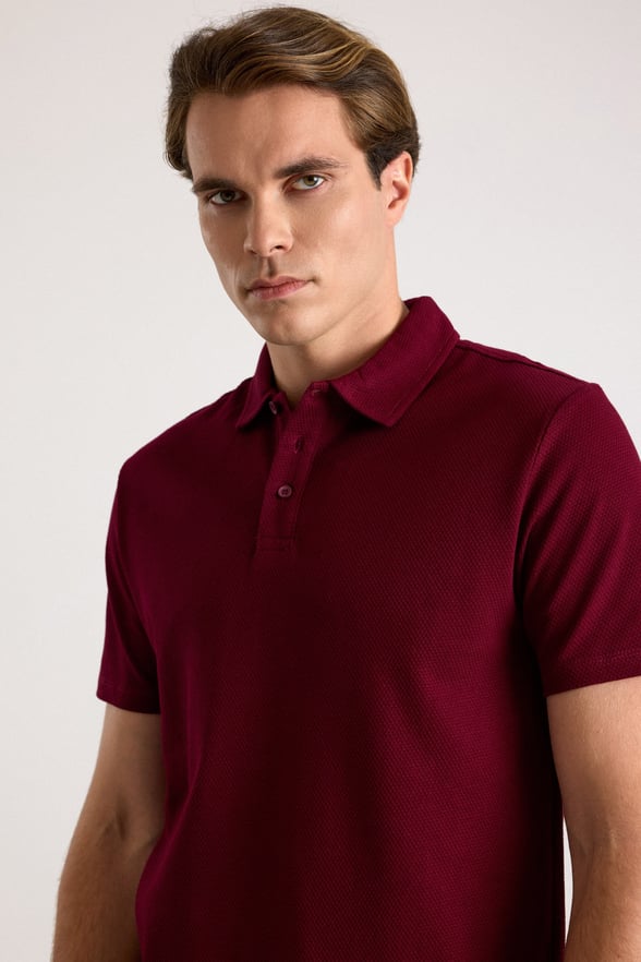 Koyu Bordo Regular Petek Baskısız Süprem Düğmeli Polo Yaka Standart Tişört