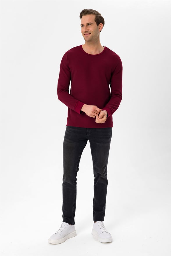 Koyu Bordo Slim Armürlü O Yaka  Sweatshirt