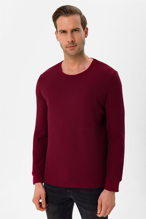 Koyu Bordo Slim Armürlü O Yaka  Sweatshirt