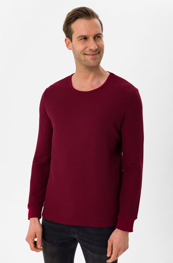 Koyu Bordo Slim Armürlü O Yaka  Sweatshirt