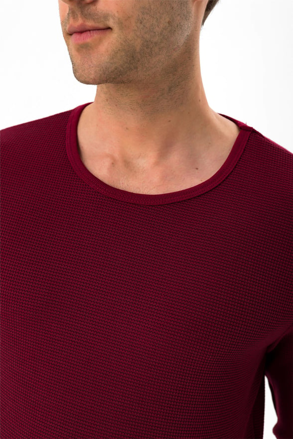 Koyu Bordo Slim Armürlü O Yaka  Sweatshirt