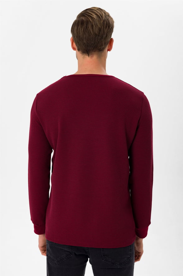 Koyu Bordo Slim Armürlü O Yaka  Sweatshirt