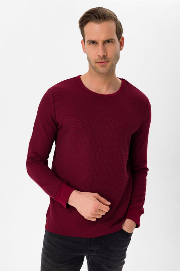 Koyu Bordo Slim Armürlü O Yaka  Sweatshirt