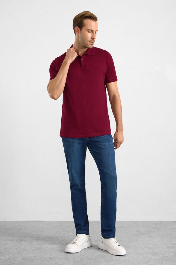 Koyu Bordo Slim Düz Düğmeli Polo Yaka Tişört