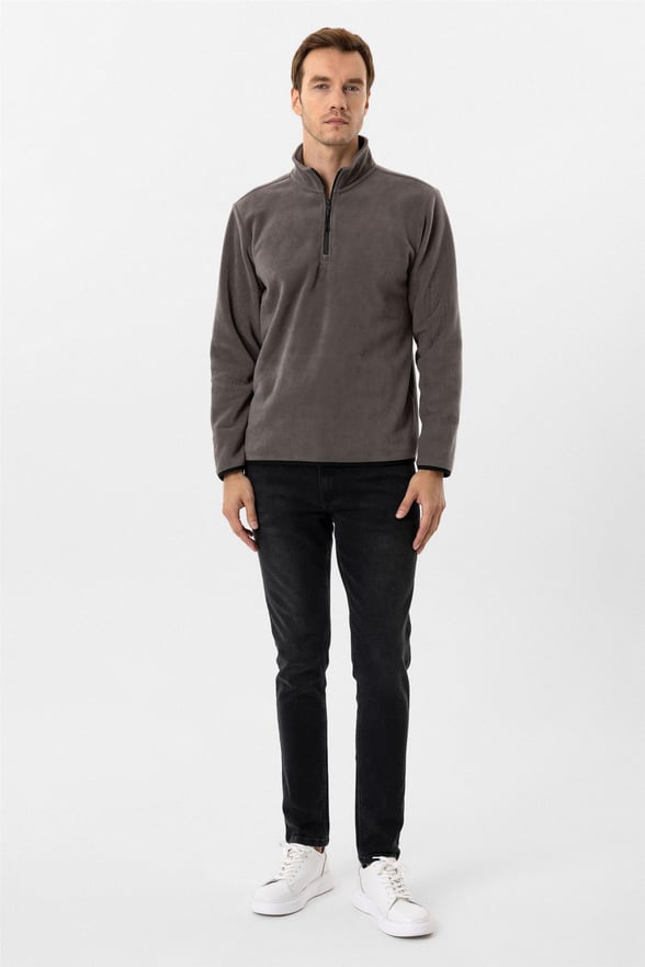 Koyu Gri Regular Düz Sivri Yaka Sweatshirt