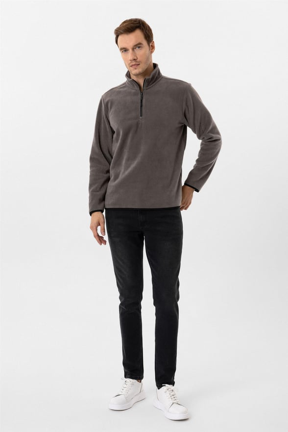 Koyu Gri Regular Düz Sivri Yaka Sweatshirt