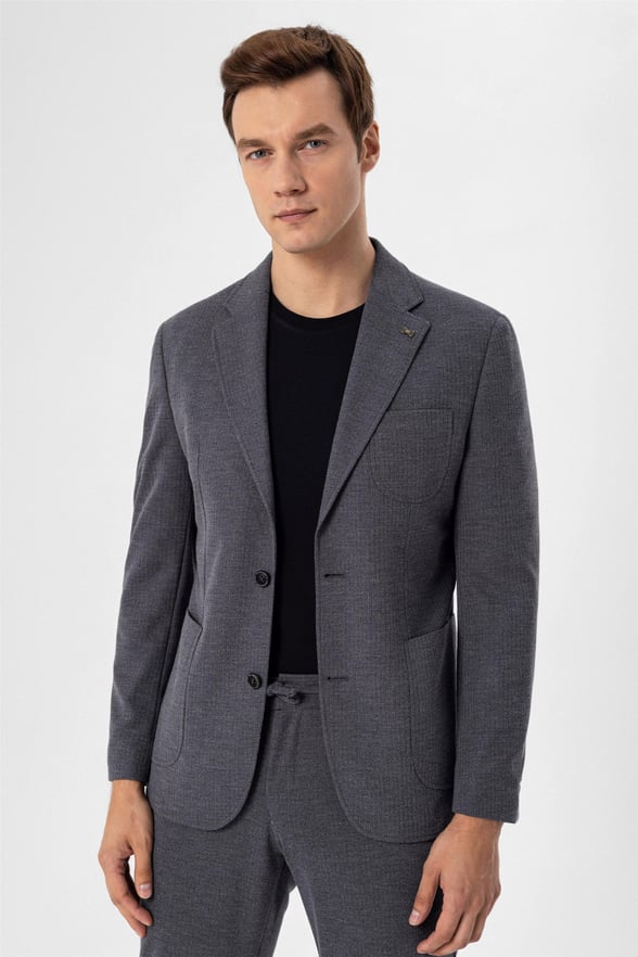 Koyu Gri Slim Armürlü Mono Yaka 6 Drop                                                       Takım Elbise