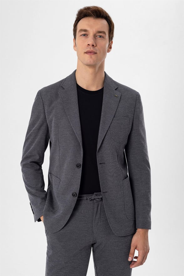 Koyu Gri Slim Armürlü Mono Yaka 6 Drop                                                       Takım Elbise