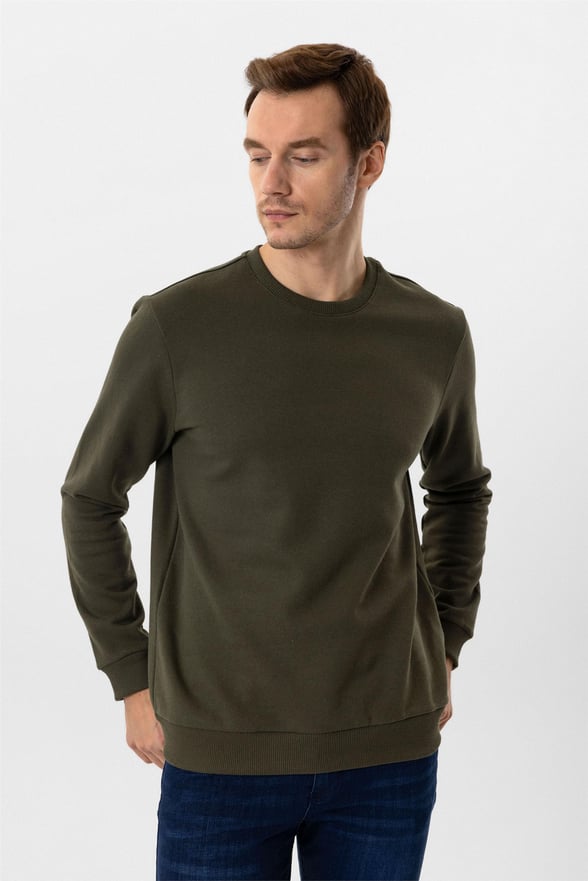 Koyu Haki Regular Düz O Yaka Sweatshirt