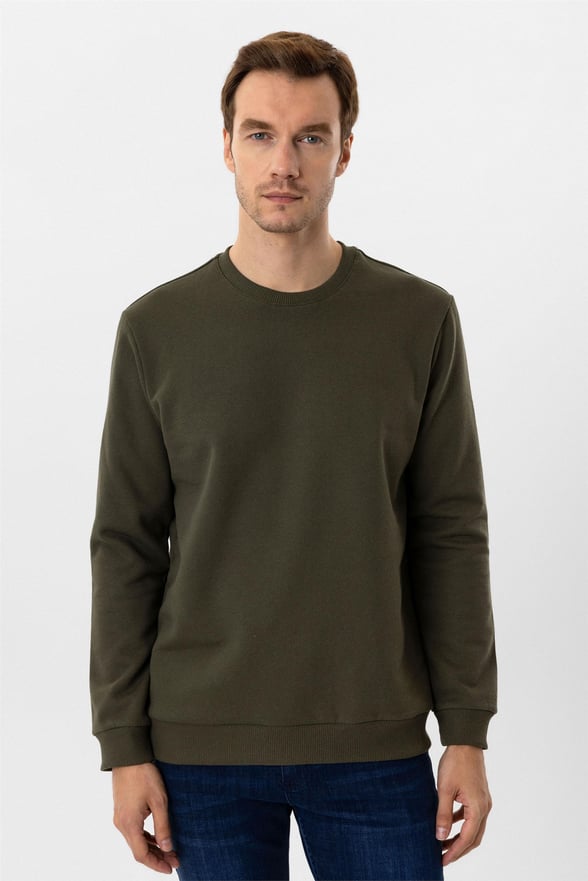 Koyu Haki Regular Düz O Yaka Sweatshirt