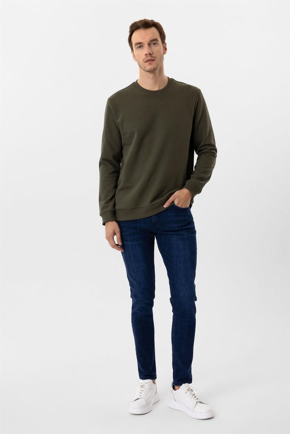 Koyu Haki Regular Düz O Yaka Sweatshirt