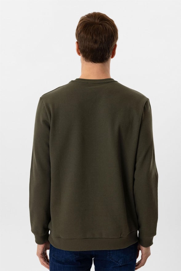 Koyu Haki Regular Düz O Yaka Sweatshirt