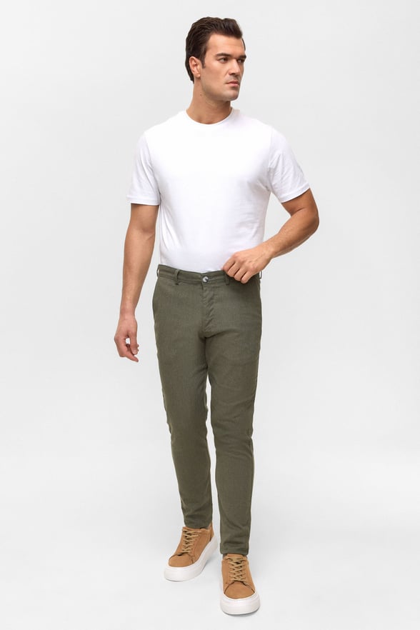 Koyu Haki Slim Armürlü Kanvas Pantolon
