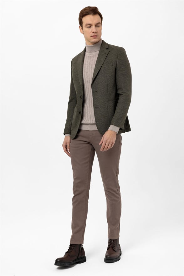 Koyu Haki Slim Armürlü Mono Yaka 6 Drop                                                       Ceket