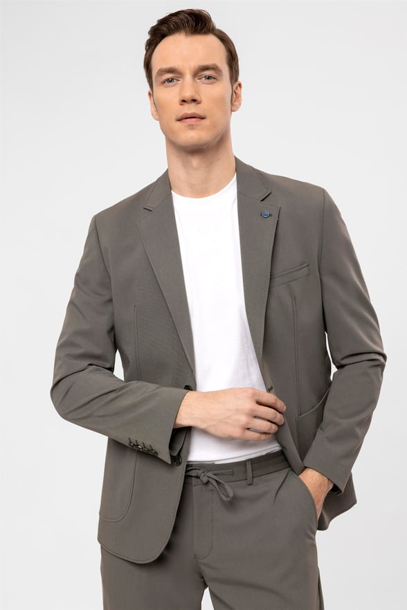 Koyu Haki Slim Armürlü Sivri Yaka 6 Drop Takım Elbise