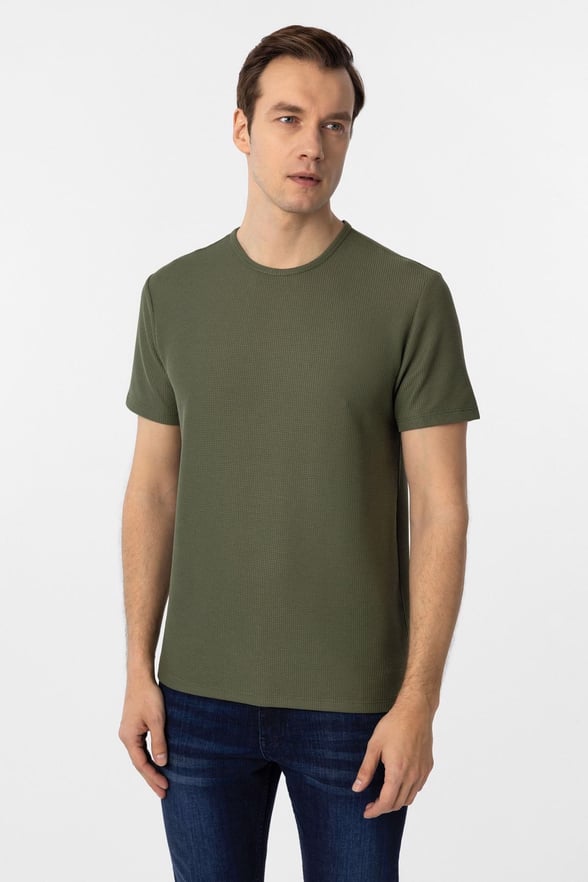 Koyu Haki Slim Fit Armürlü Bisiklet Yaka Tişört