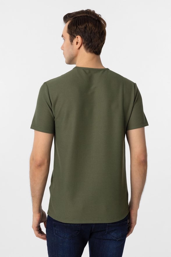 Koyu Haki Slim Fit Armürlü Bisiklet Yaka Tişört