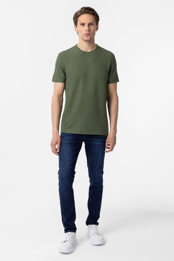 Koyu Haki Slim Fit Armürlü Bisiklet Yaka Tişört