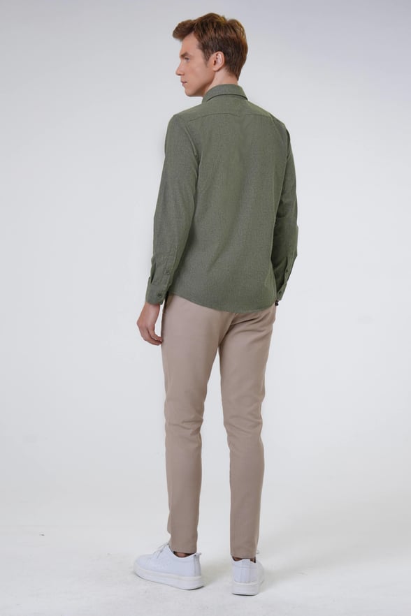 Koyu Haki Slim Fit Düz Düğmeli Yaka Gömlek
