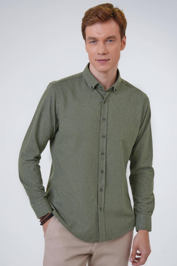Koyu Haki Slim Fit Düz Düğmeli Yaka Gömlek
