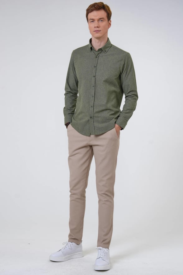 Koyu Haki Slim Fit Düz Düğmeli Yaka Gömlek