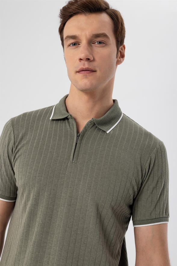 Koyu Haki Slim Fitilli Polo Yaka  Tişört