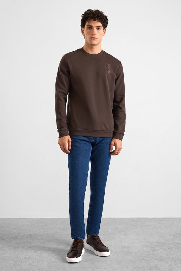 Koyu Kahve Regular Düz Baskılı İnterlok Bisiklet Yaka Cepsiz Düz Sweatshirt