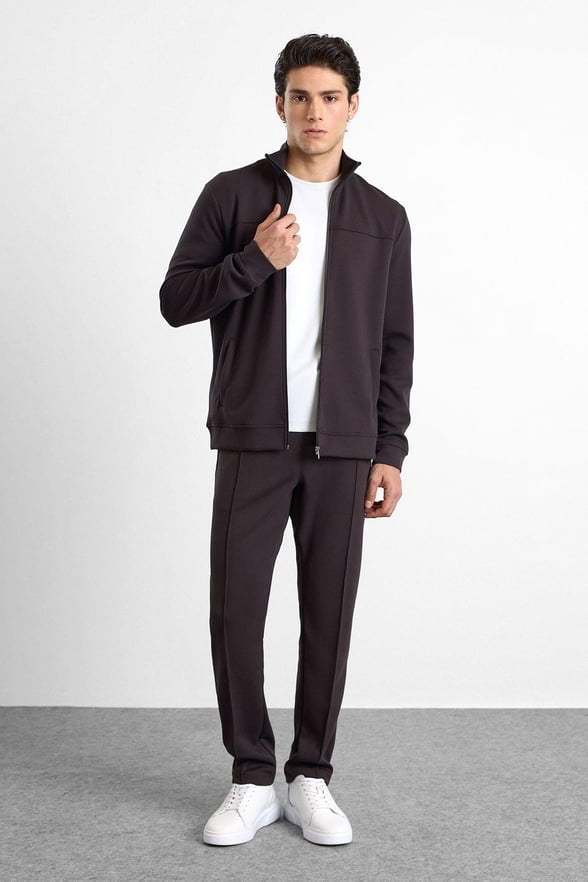 Koyu Kahve Regular Düz Baskılı İnterlok Fermuarlı Dik Yaka Cepli Sweatshirt