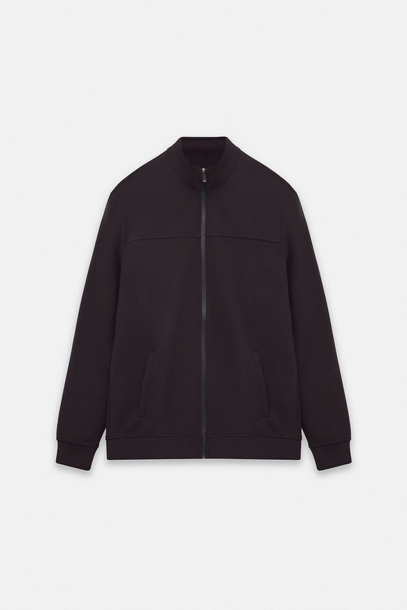 Koyu Kahve Regular Düz Baskılı İnterlok Fermuarlı Dik Yaka Cepli Sweatshirt
